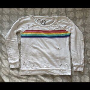 CHASER Distressed White Rainbow Striped Crew Neck Sweater Sweatshirt Sz XS